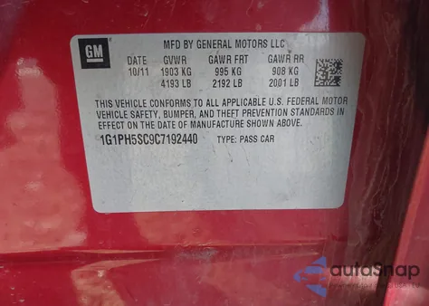 2012 Chevrolet Cruze Ltz z USA, uszkodzony, nr VIN 1G1PH5SC9C7192440